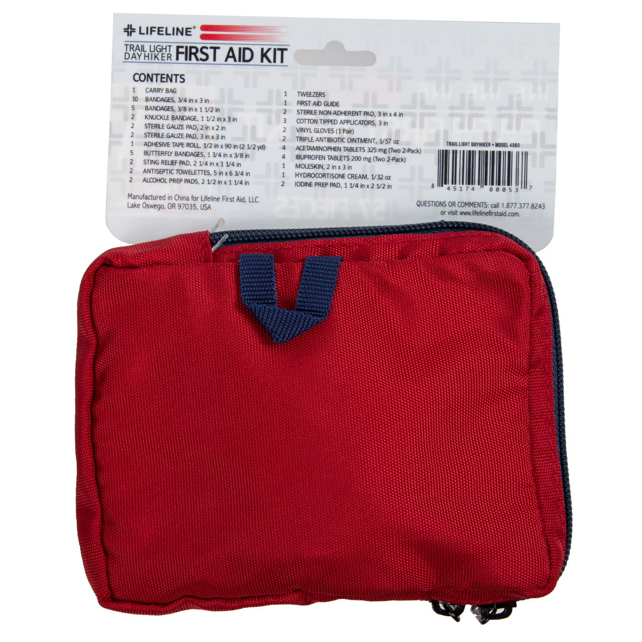 Red first aid kit with a label on a white background