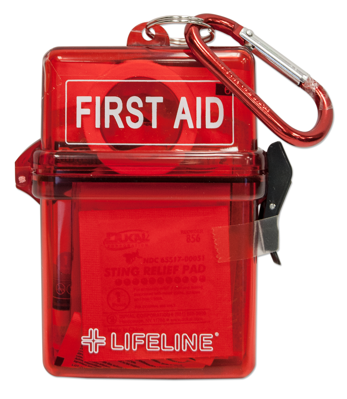 Red first aid kit with 'Lifeline' branding on a white background