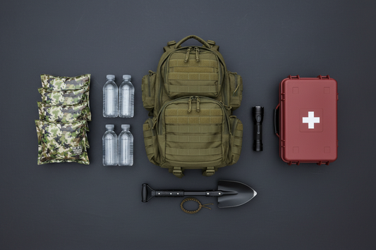 A 72-hour emergency kit laid out by category, including a tactical backpack, flashlight, MREs, hard-shell first aid kit, water bottles, and a multi-tool shovel