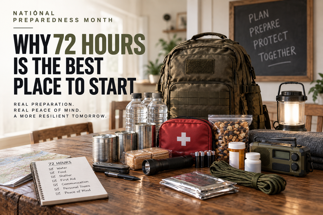 A family emergency preparedness kit laid out on a kitchen table, including a flashlight, first aid kit, MREs, backpack, water bottles, and emergency radio.