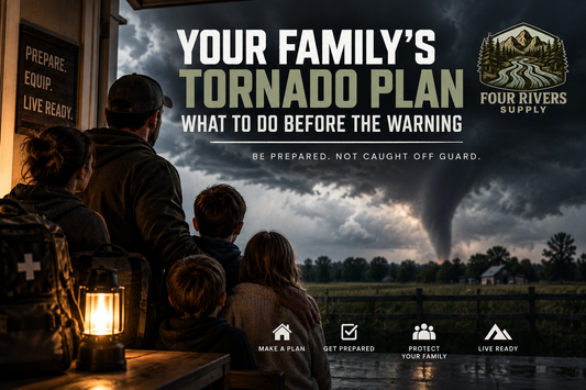 Family watching a tornado approach across a rural landscape from a sheltered porch, with emergency gear and a lantern in the foreground. Text reads “Your Family’s Tornado Plan: What to Do Before the Warning.”
