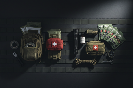 Two survival kit setups compared side by side — a pre-built 72-hour emergency kit on the left and individual DIY components including a tactical flashlight, water purification tablets, MREs, and a first aid kit on the right.