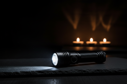Tactical flashlight beam cutting through darkness during a power outage