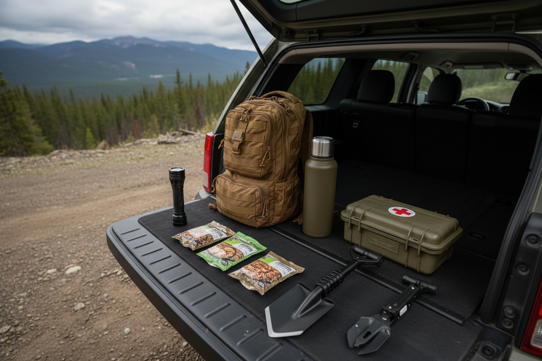 A vehicle emergency kit laid out in an open truck trunk, including a tactical backpack, flashlight, MREs, compact first aid kit, and multi-tool shovel