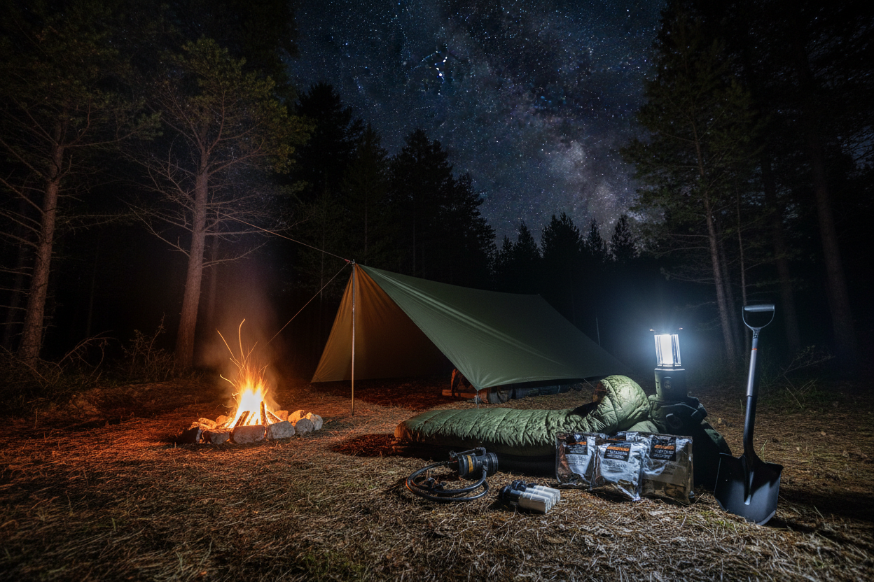 Outdoor hiking and camping supplies including tactical bags, flashlights, and emergency gear