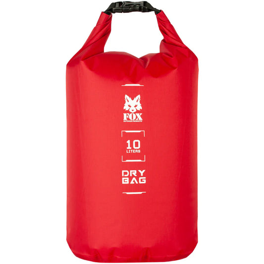 Red dry bag with white text and a logo on a white background