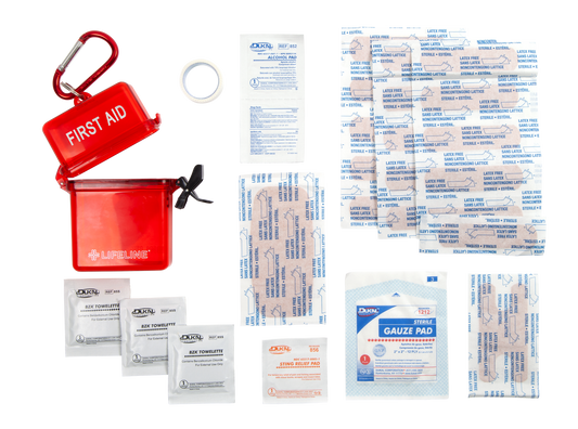 First aid kit with various supplies including bandages and a red container on a white background