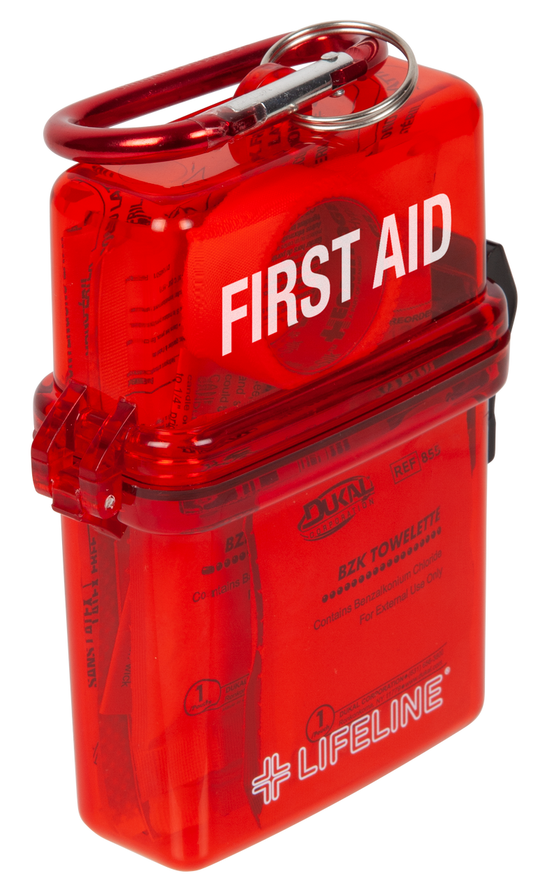 Red first aid kit with 'Lifeline' branding on a white background