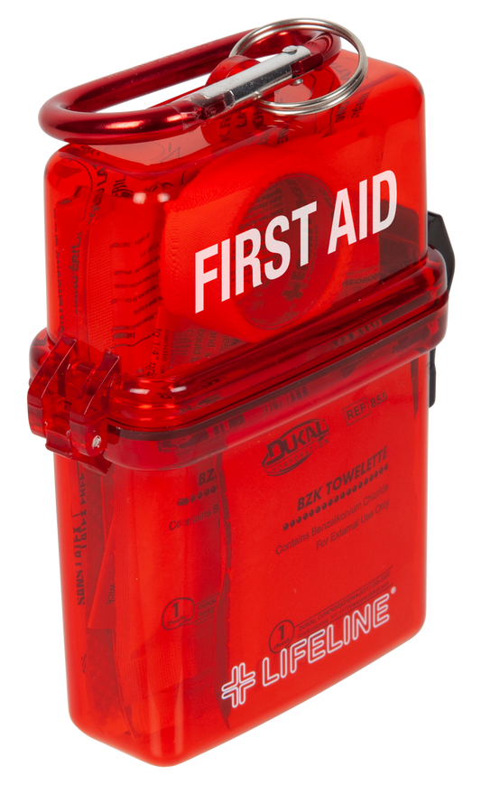 Red first aid kit with 'Lifeline' branding on a white background