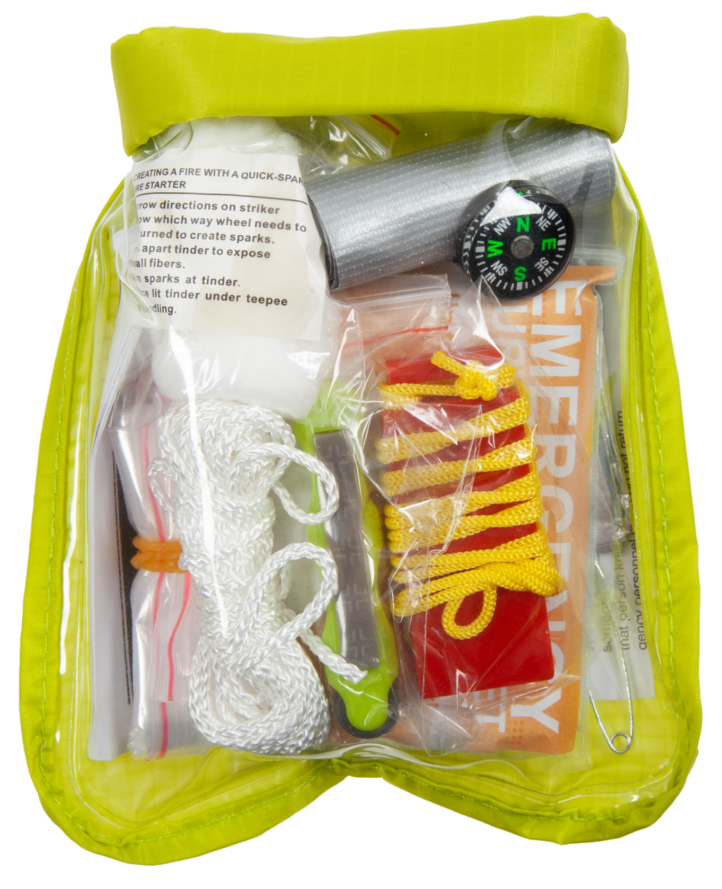 Emergency survival kit with tools and a compass in a clear bag with a green lid.