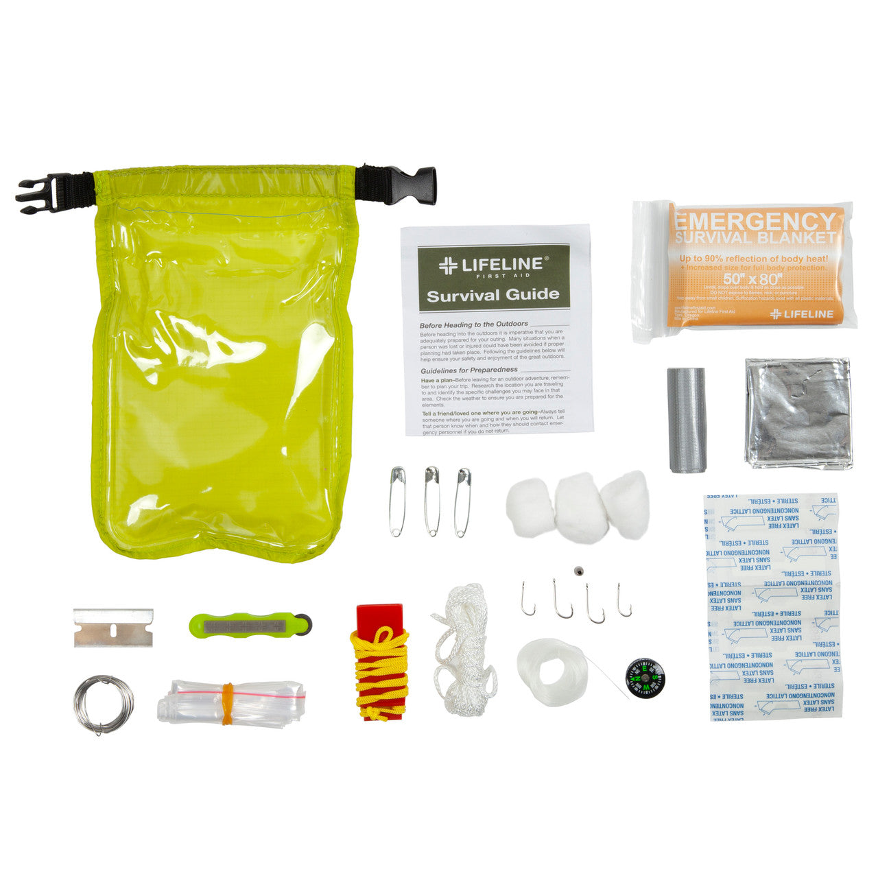 Collection of survival items including a green pouch, bandages, and emergency supplies on a white background.