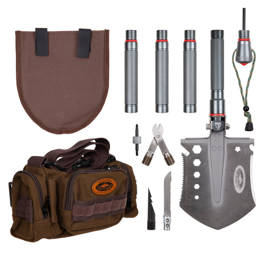 Collection of tactical tools including a brown pouch, shovels, and other equipment on a white background