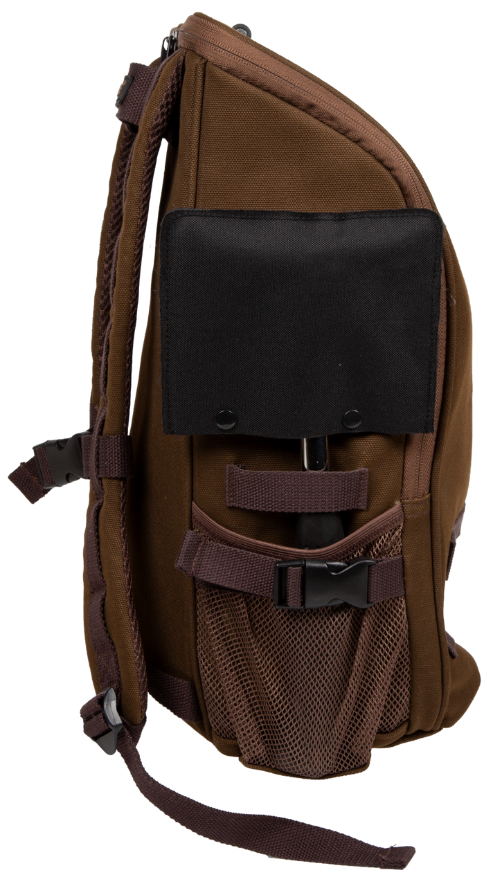 Brown backpack with a black pouch on a white background