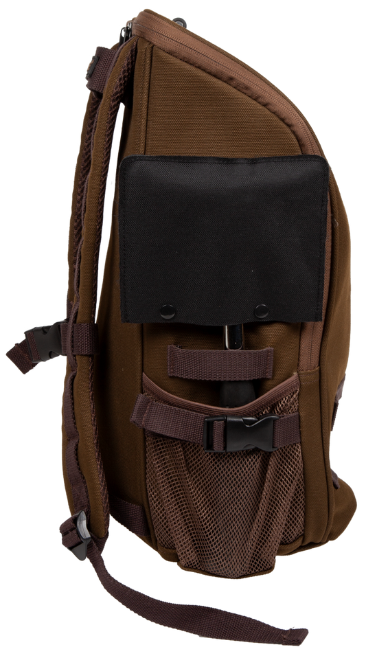 Brown backpack with a black pouch on a white background