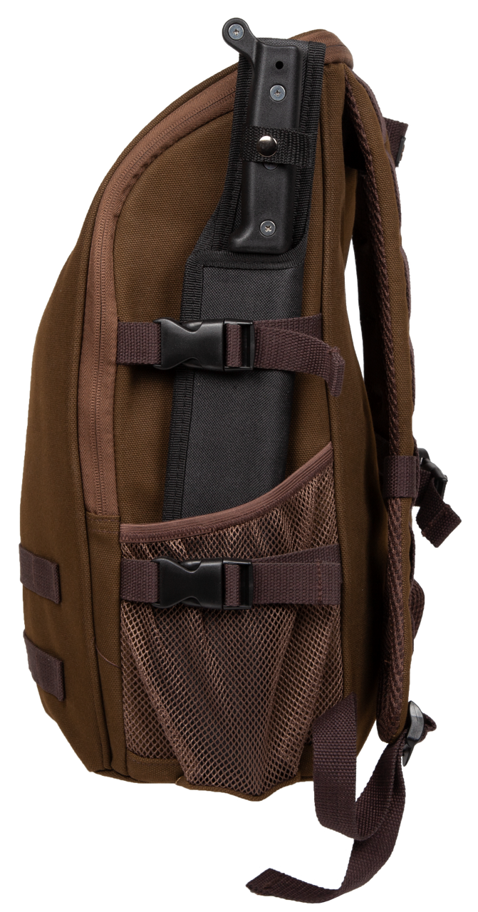 Brown sling bag with a black gun holster on a white background