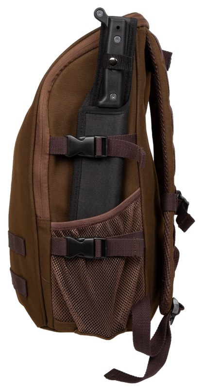 Brown sling bag with a black gun holster on a white background