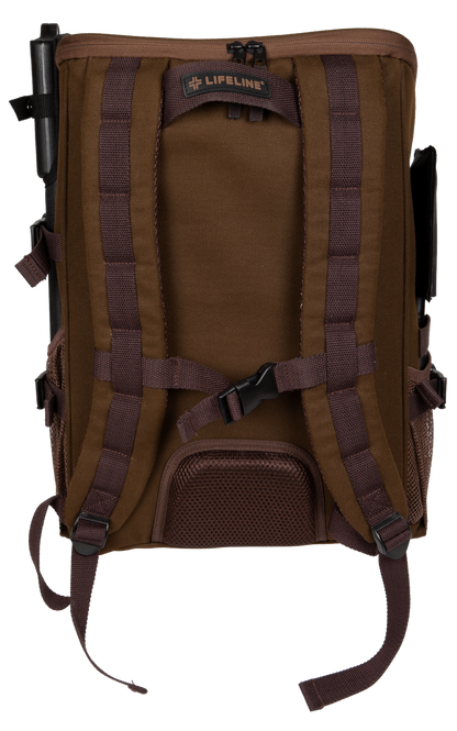 Brown backpack with visible brand logo on a white background