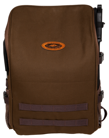 Brown backpack with a visible brand logo on a white background
