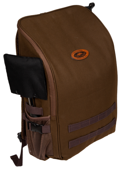 Brown backpack with a visible brand logo on a white background