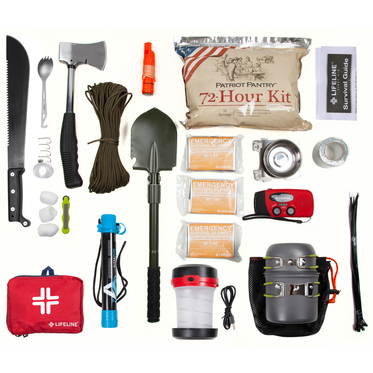 Collection of survival gear including a knife, axe, and emergency supplies on a white background