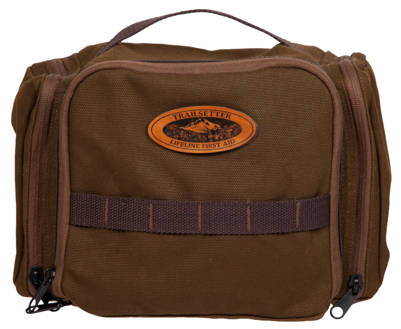 Brown toiletry bag with a logo on a white background