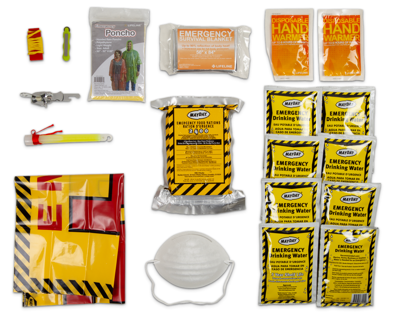 Collection of emergency supplies including a poncho, hand warmers, drinking water packets, and a face mask on a white background.