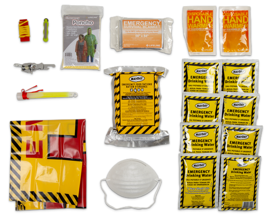 Collection of emergency supplies including a poncho, hand warmers, drinking water packets, and a face mask on a white background.