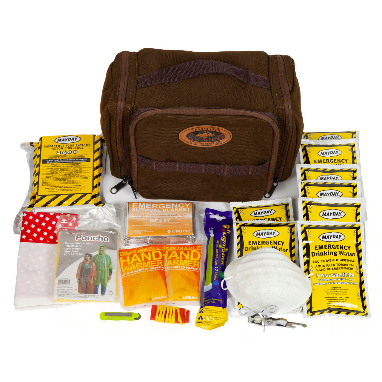 Emergency preparedness kit with various supplies including a brown bag, Mayday packets, and emergency blankets on a white background.