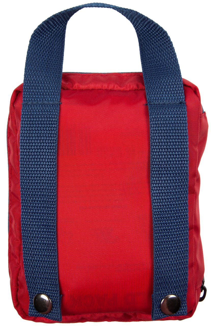 Red backpack with blue straps on a white background