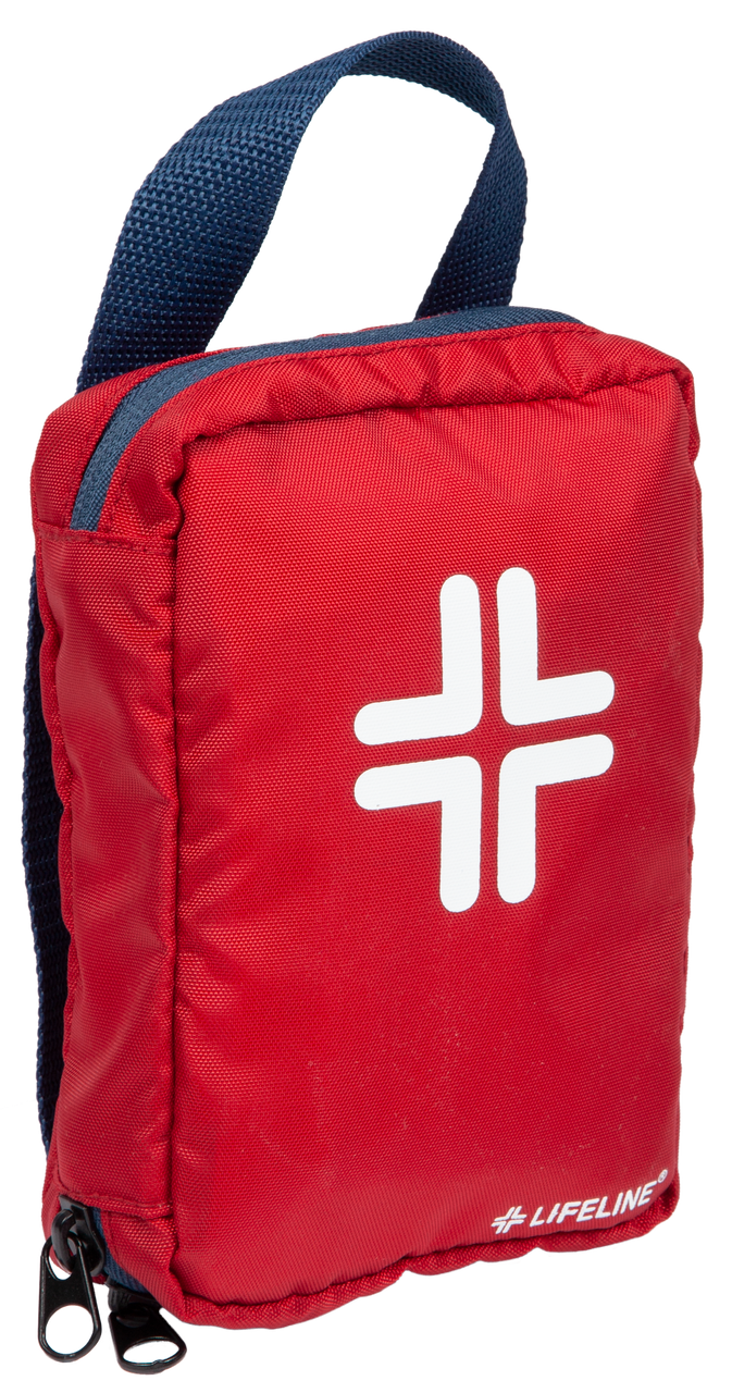 Red emergency kit bag with a white cross symbol and 'Lifeline' branding on a white background