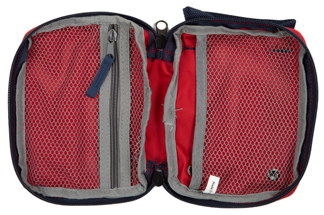 Red and gray travel organizer with zippers on a white background