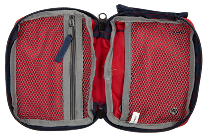 Red and gray travel organizer with zippers on a white background