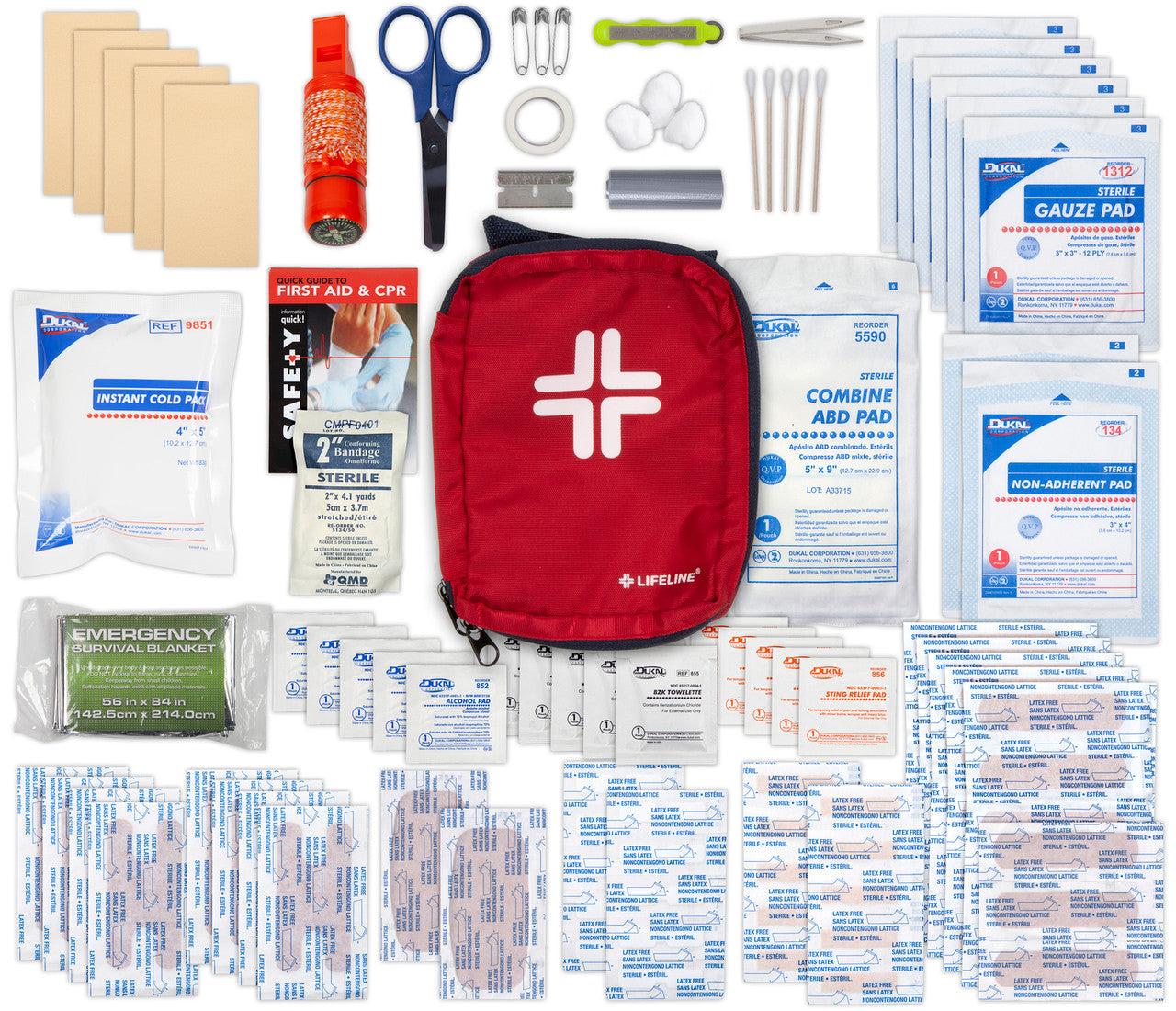 First aid kit with various components on a white background