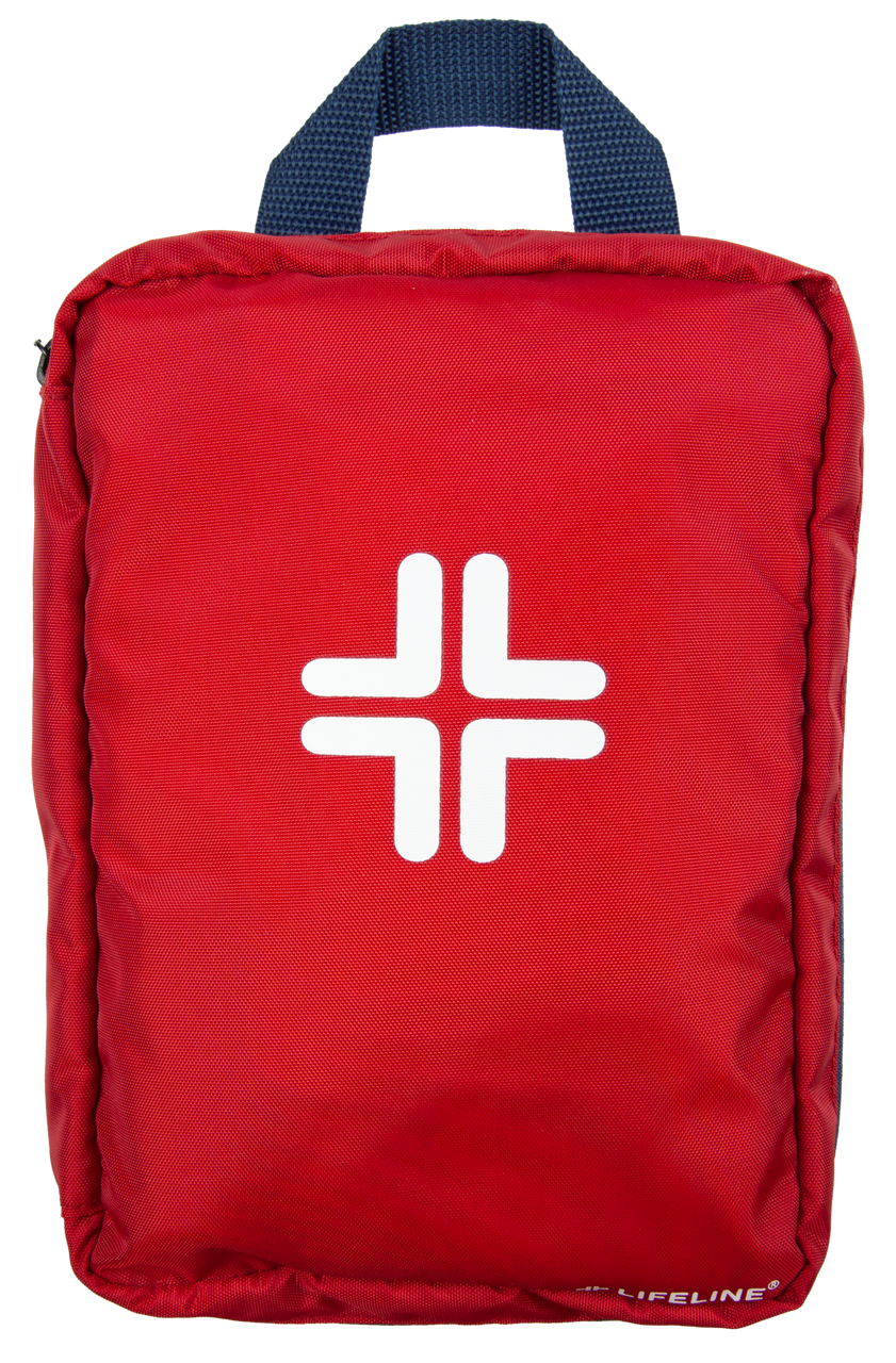 Red bag with a white logo on a white background