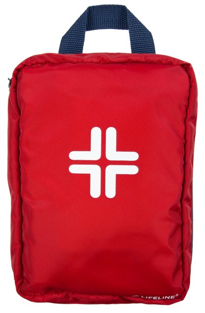 Red bag with a white logo on a white background