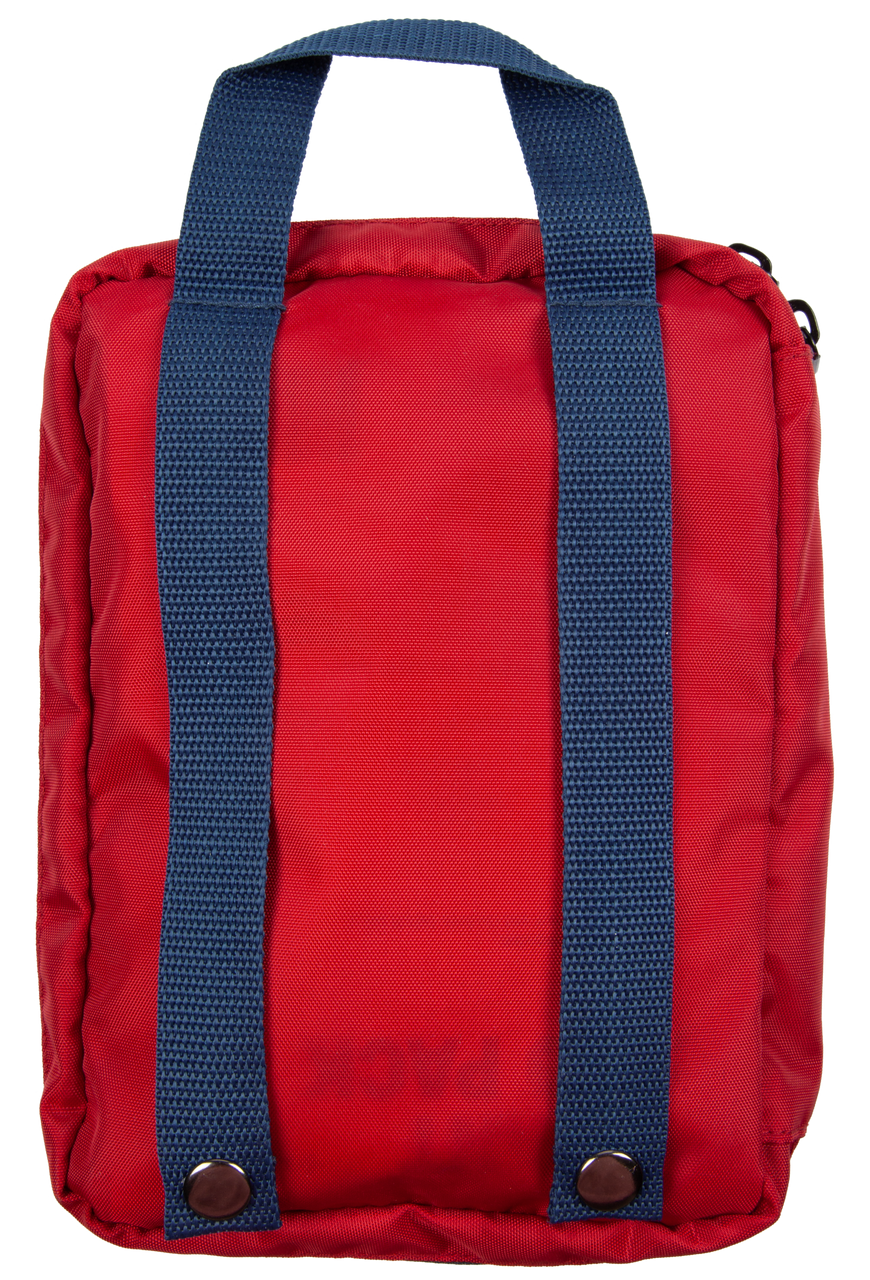 Red backpack with blue straps on a white background