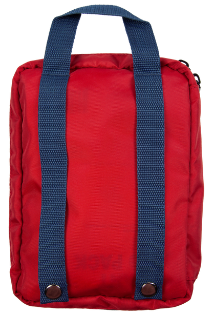 Red backpack with blue straps on a white background