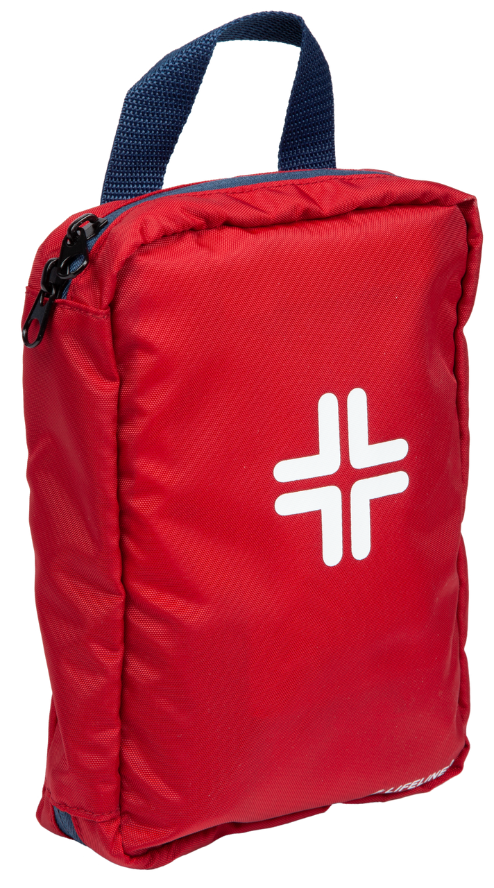 Red bag with a white logo on a white background