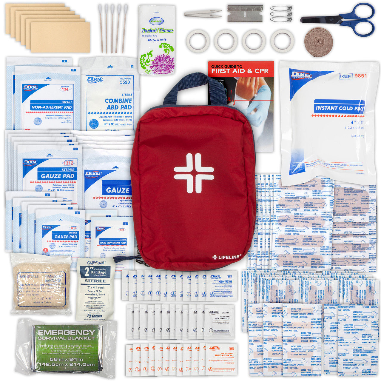 First aid kit with various medical supplies on a white background