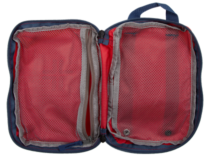 Red and blue travel packing cube on a white background