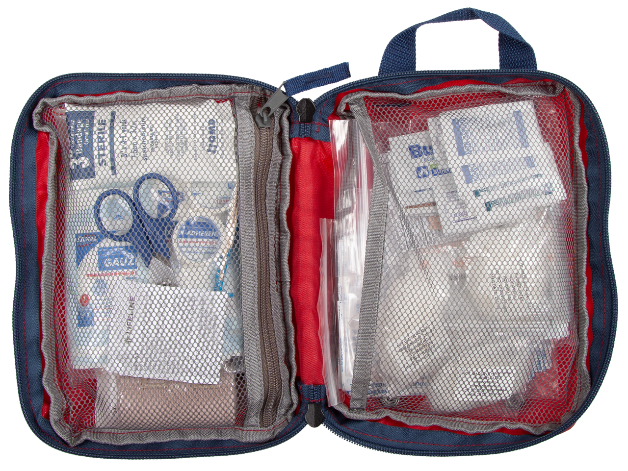Open first aid kit with various supplies on a white background
