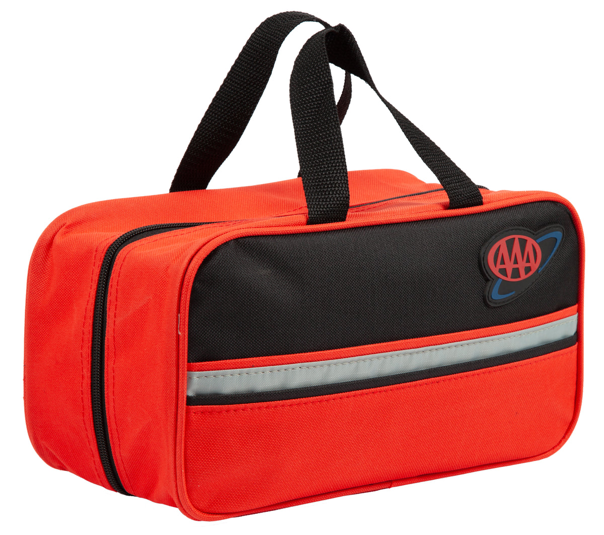 A red and black AAA emergency preparedness kit bag with a reflective stripe and the AAA logo on the front, set against a plain white background.