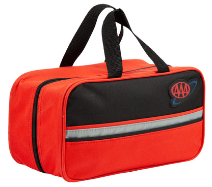 A red and black AAA emergency preparedness kit bag with a reflective stripe and the AAA logo on the front, set against a plain white background.