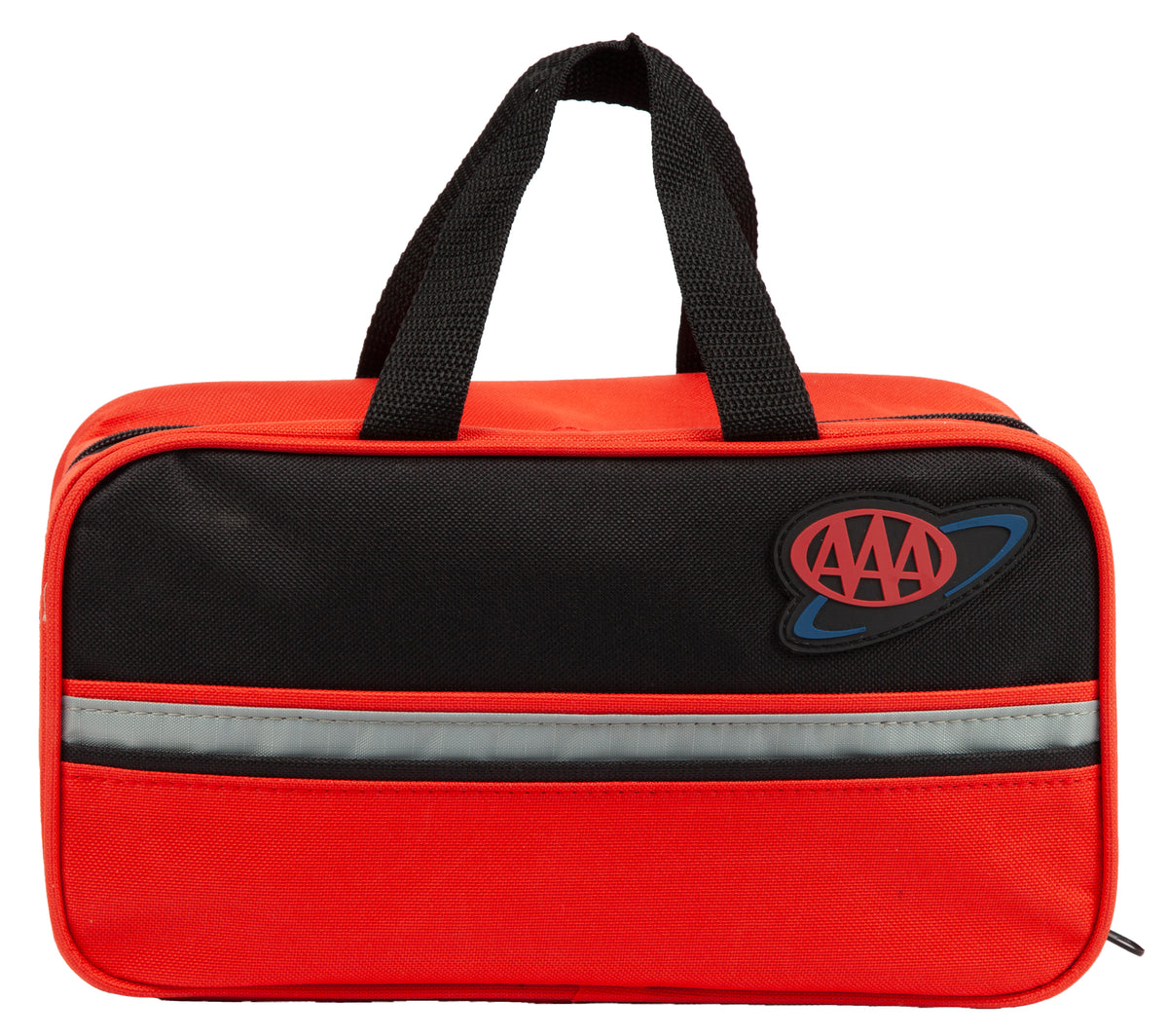A red and black AAA emergency preparedness kit bag with a reflective stripe and the AAA logo patch, shown on a white background.