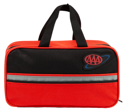 A red and black AAA emergency preparedness kit bag with a reflective stripe and the AAA logo patch, shown on a white background.