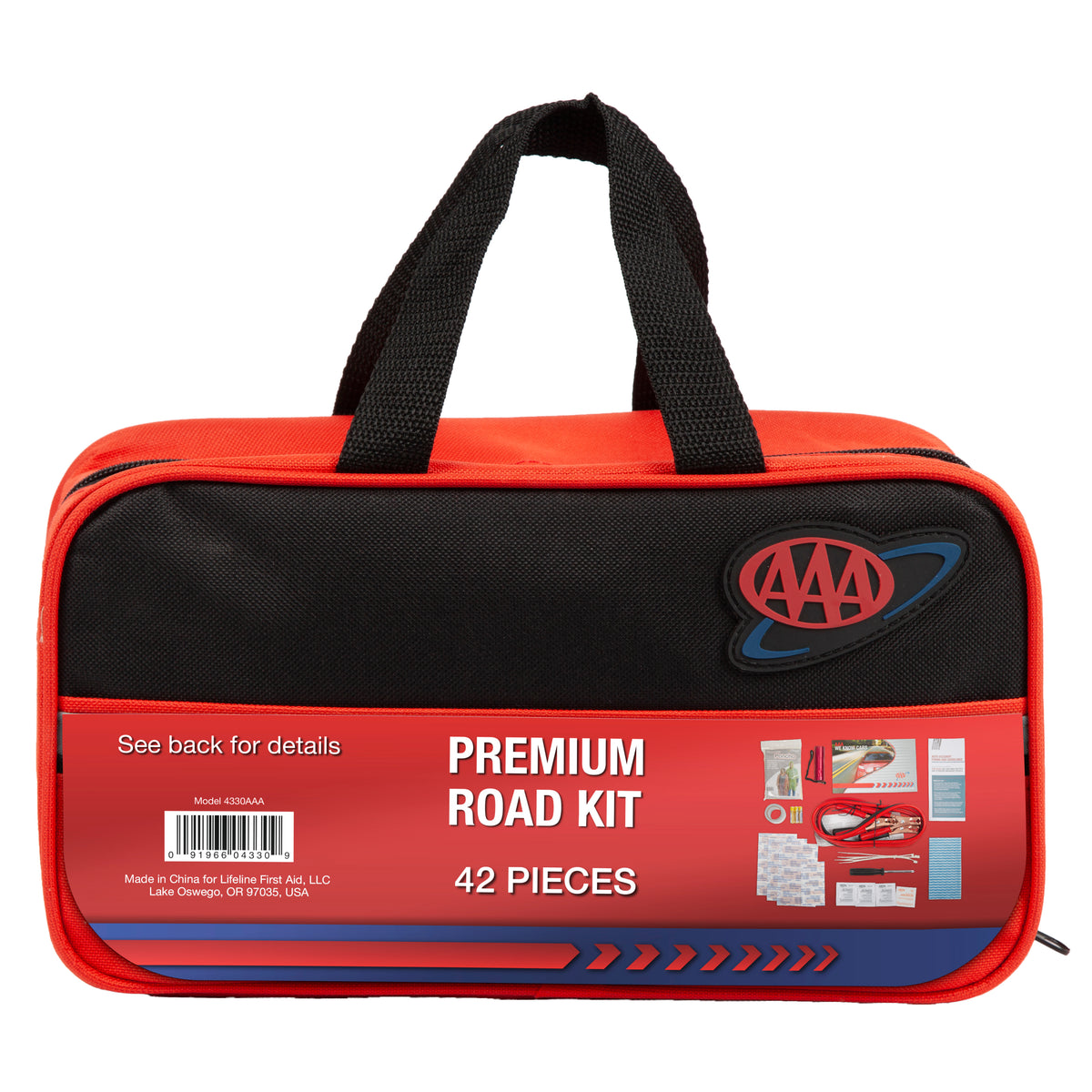 AAA Premium Road Kit in a zippered carrying case with two black handles. The case features a black upper section with the red and blue AAA logo, and a red lower section displaying 'PREMIUM ROAD KIT 42 PIECES' and product contents.