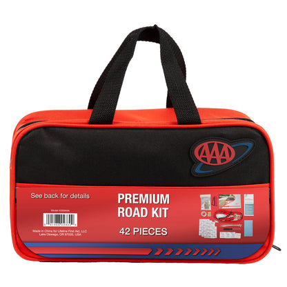 AAA Premium Road Kit in a zippered carrying case with two black handles. The case features a black upper section with the red and blue AAA logo, and a red lower section displaying 'PREMIUM ROAD KIT 42 PIECES' and product contents.