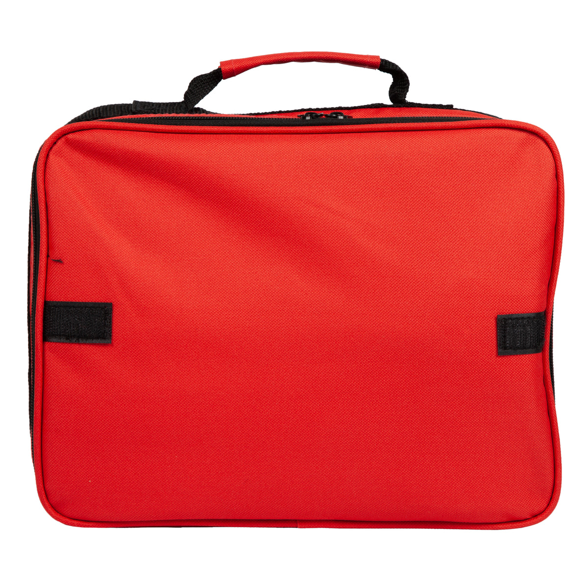 A red zippered travel or storage bag with a top carry handle, black zipper trim, and two black hook-and-loop fastener patches on the front, shown on a plain white background.