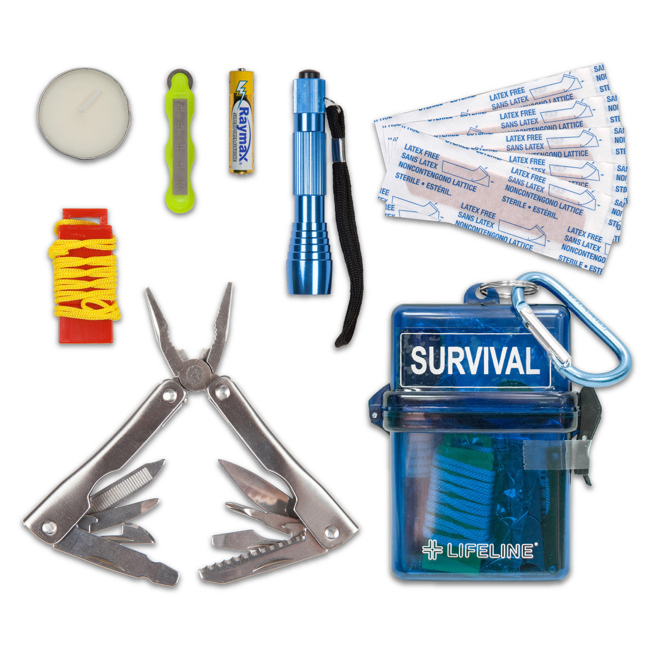 Collection of survival tools and items including a multi-tool, flashlight, and band-aids on a white background.