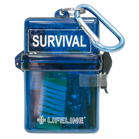 Blue survival kit with 'Lifeline' branding on a white background